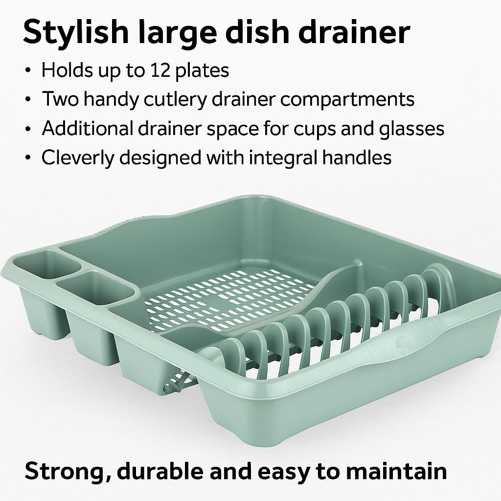AaH1 Casa Large Dish Drainer, Sage Green, Plastic Dish Holder, Kitchen Accessory