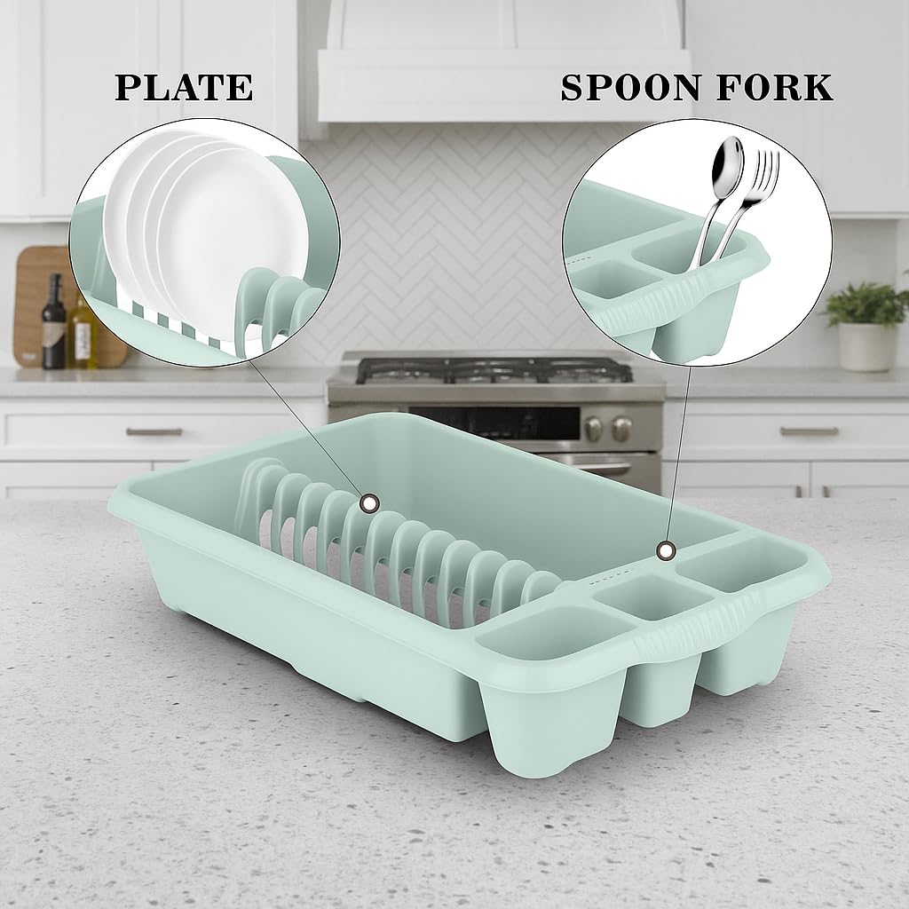 AaH1 Medium Dish Drainer Silver – Compact & Stylish – High-Gloss Plastic with Integrated Cutlery Holders & Handles – Efficient Kitchen Drying Rack, Silver Sage (Pack of 1)