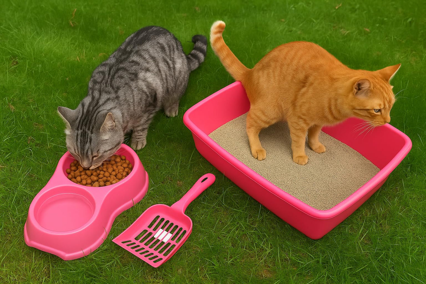 Cat Litter Tray Box – Large Plastic Litter Box with Detachable Rim & Scoop, 46 x 34.5 x 10 cm, Stackable & Easy to Clean, Pink, Set of 3 – For Cats, Kittens, Rabbits & Small Pets
