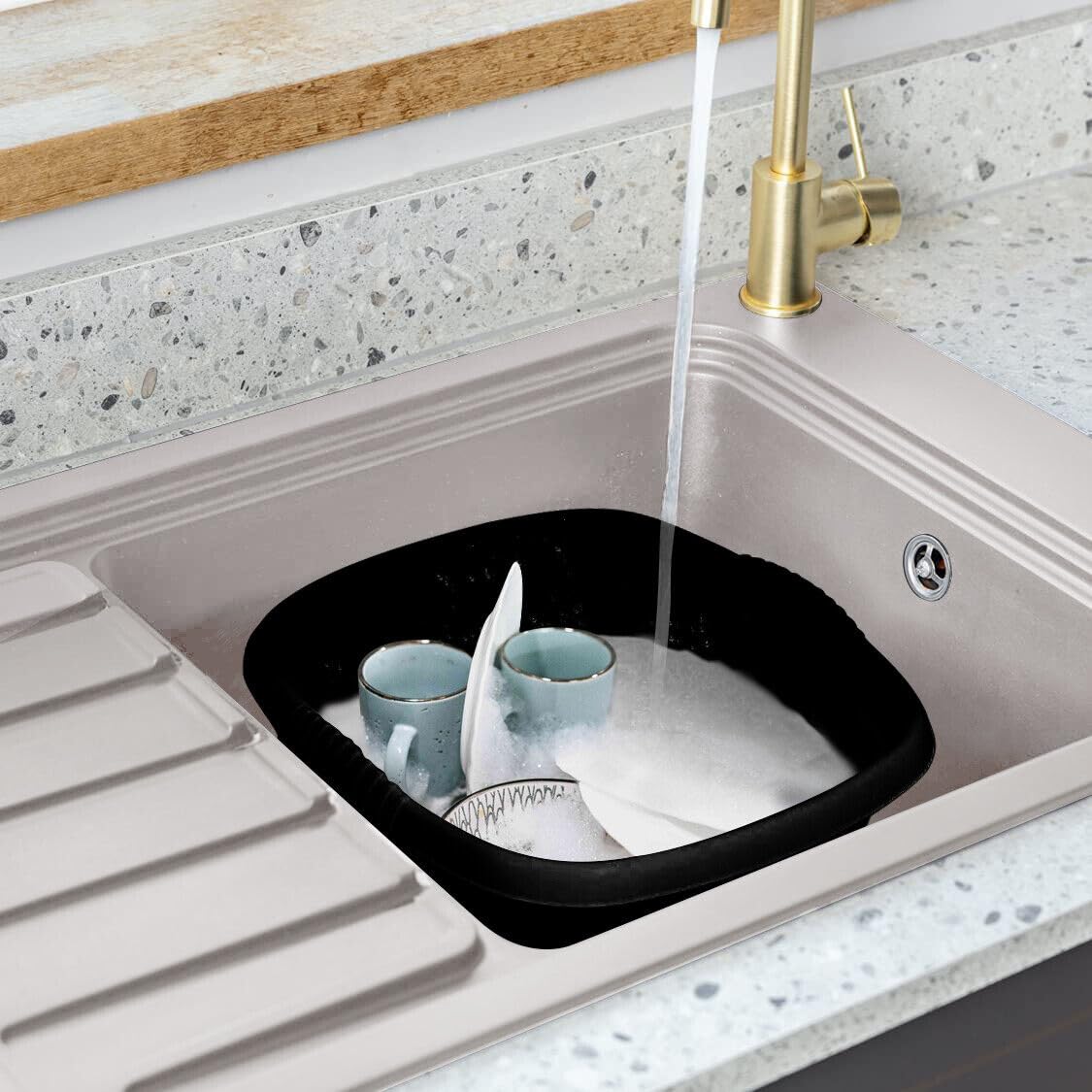 (Set of 3) 9L Square Washing Up Bowls – 32cm Plastic Sink Tidy Organiser – Multipurpose Kitchen Basin for Washing, Cleaning & Mixing – Silver, Silver Sage & Midnight Greyish