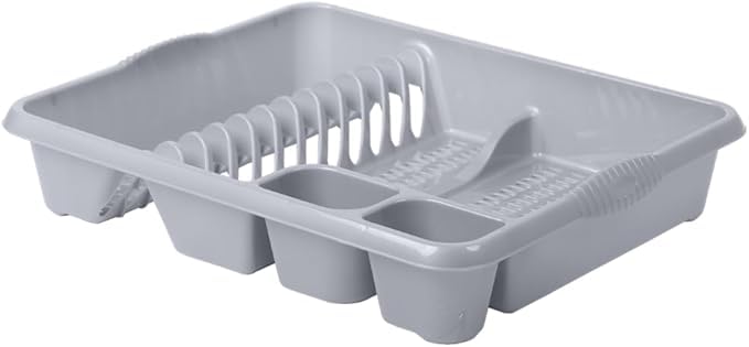 AaH1 Large Dish Drainer – Holds Up to 12 Plates with Dual Cutlery Compartments – Sturdy & Stylish Plastic Dish Rack with Built-In Handles (Pack of 1) (Silver)