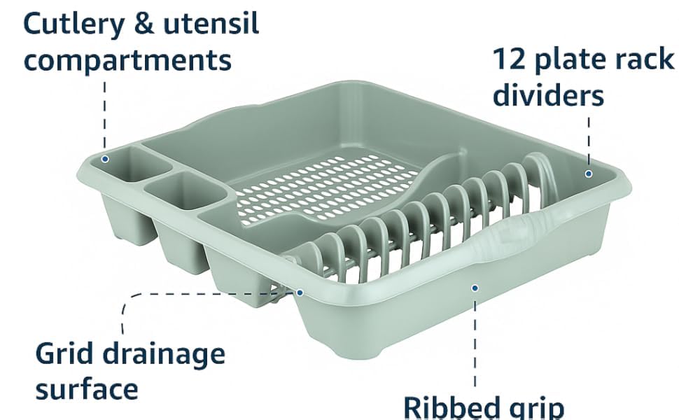 AaH1 Casa Large Dish Drainer, Sage Green, Plastic Dish Holder, Kitchen Accessory