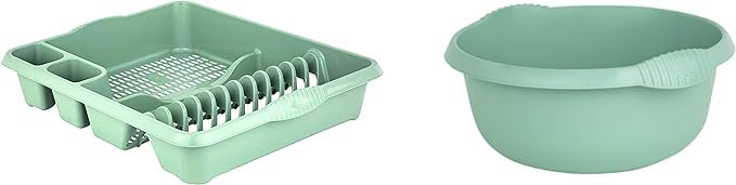 AaH1 Set of 2 Plastic Kitchen Large Dish Drainer with 32cm Round Washing Up Bowl (Silver Sage)