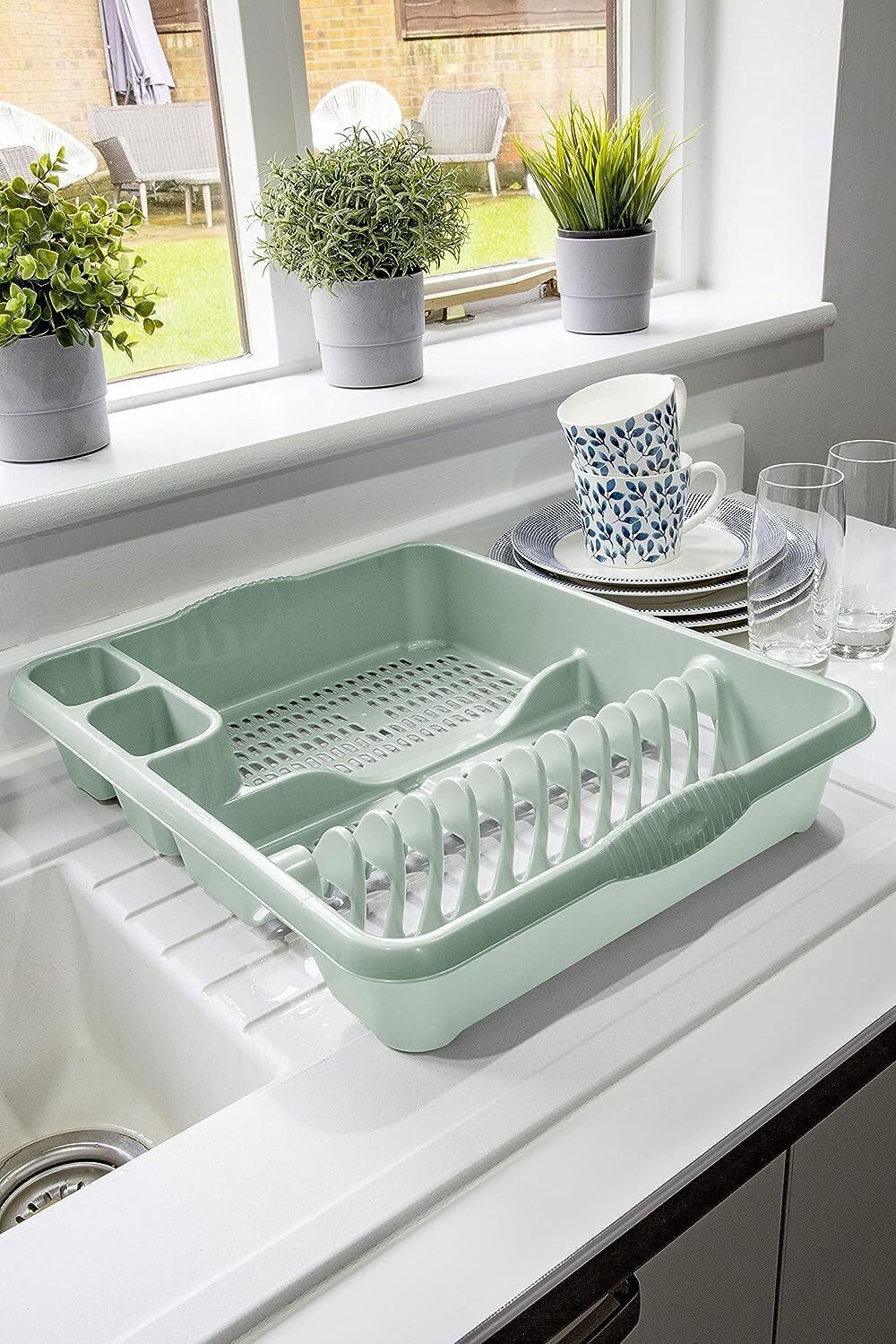 (Set of 3) AaH1 Casa Large Dish Drainer, 8L Swing Bin & 5L Durable Plastic Bucket – Silver Sage Colour – Kitchen Accessories – Rubbish, Compost & Waste Bin with Lid – Litre Scale – High Grade Plastic