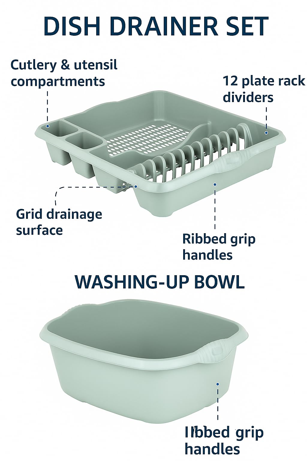 AaH1 Set of Silver Sage Large Dish Drainer Tray Plate Rack Draining Board Stand & 39cm Rectangular Washing Up Bowl Plastic Kitchen Organiser Sink Holder