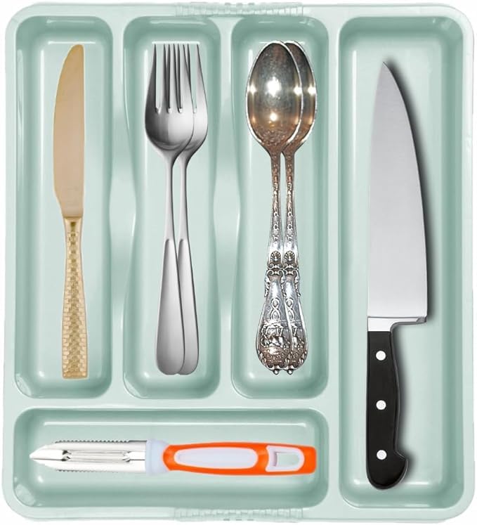 5 Compartment SILVER SAGE High Grade Plastic Small Cutlery Tray Kitchen Racks and Holders Cutlery Draw for Kitchen Drawers Storage Organizer For Spoons Forks Knives