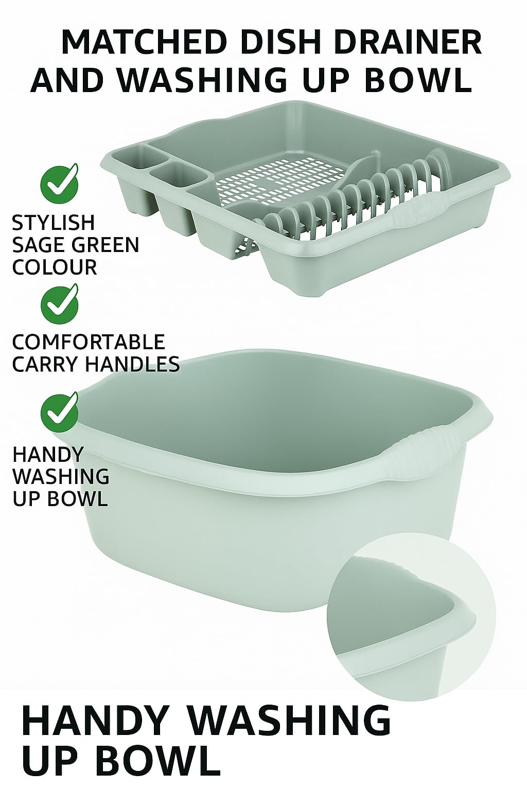 AaH1 Set of Silver Sage Large Dish Drainer Tray Plate Rack Draining Board Stand & 39cm Rectangular Washing Up Bowl Plastic Kitchen Organiser Sink Holder