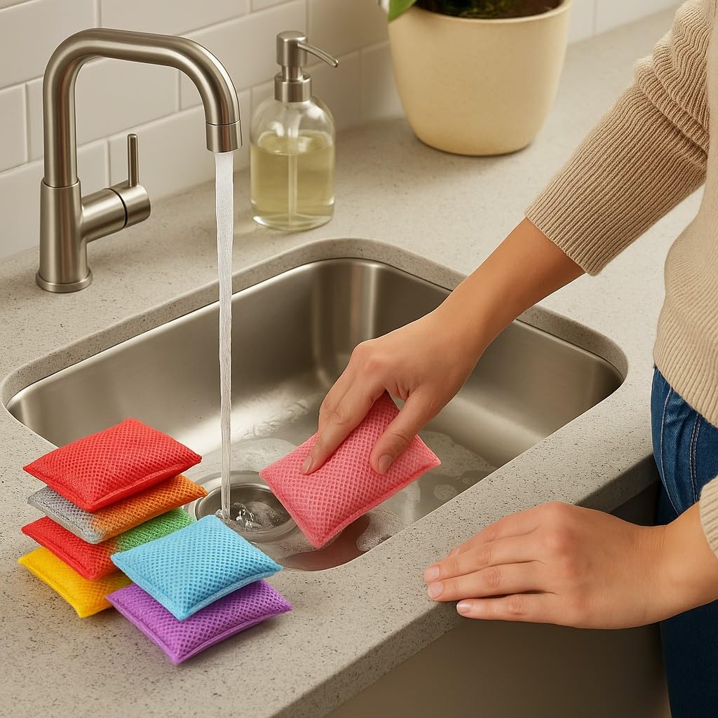 (Pack of 3) Premum Quality Microfibre Cleaning Sponges, Multi-Colour, Non-Scratch Surface