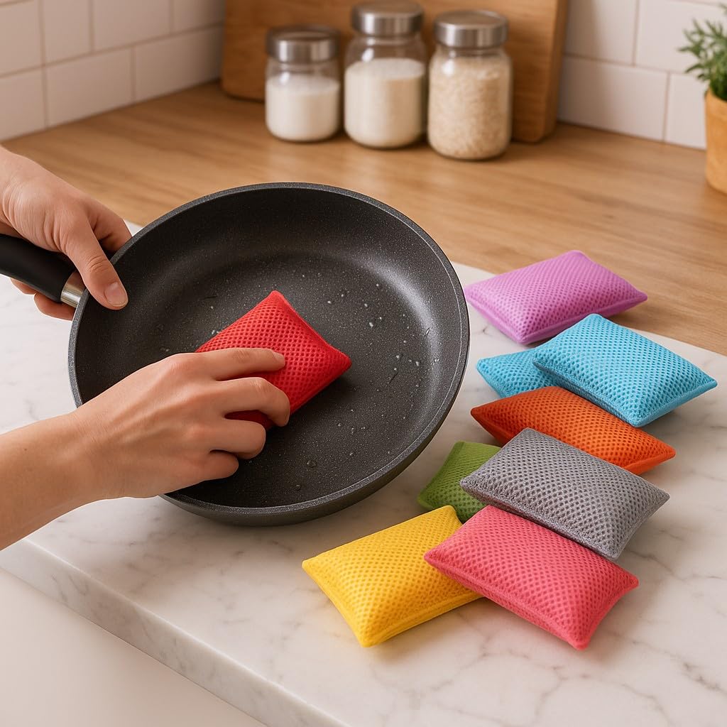(Pack of 3) Premum Quality Microfibre Cleaning Sponges, Multi-Colour, Non-Scratch Surface
