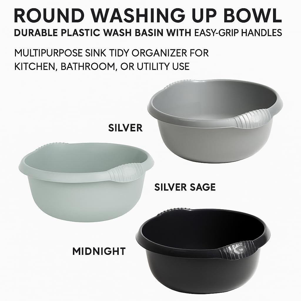 28cm Round Washing Up Bowl – Durable Plastic Wash Basin with Easy-Grip Handles – Multipurpose Sink Tidy Organizer for Kitchen, Bathroom, or Utility Use (Silver, 28cm)