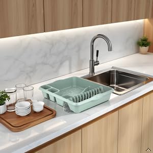 AaH1 Set of 2 Plastic Kitchen Large Dish Drainer with 32cm Round Washing Up Bowl (Silver Sage)