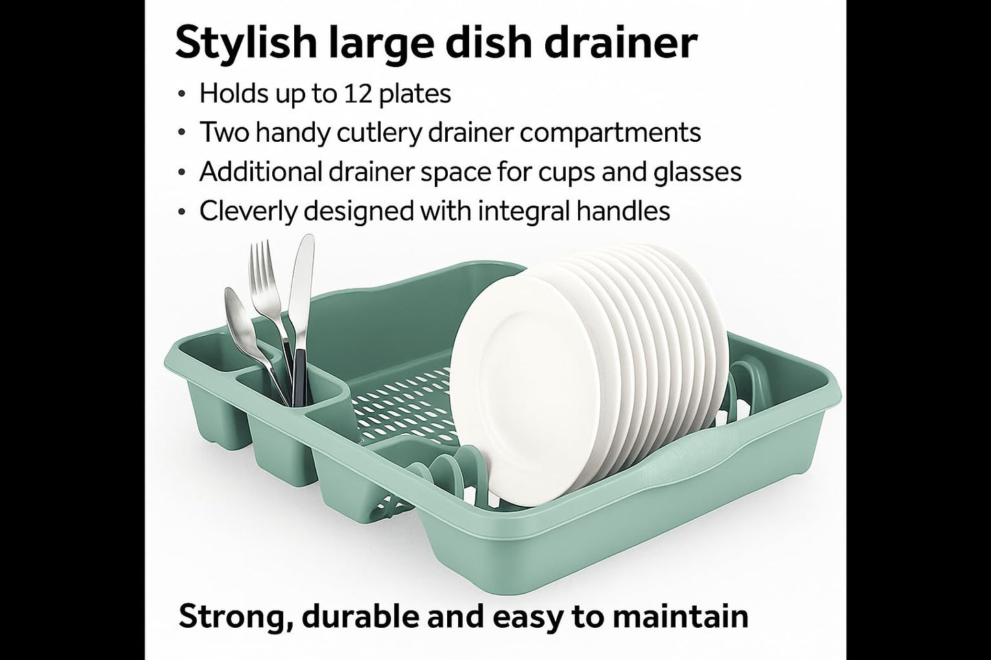 AaH1 Set of Silver Sage Large Dish Drainer Tray Plate Rack Draining Board Stand & 39cm Rectangular Washing Up Bowl Plastic Kitchen Organiser Sink Holder