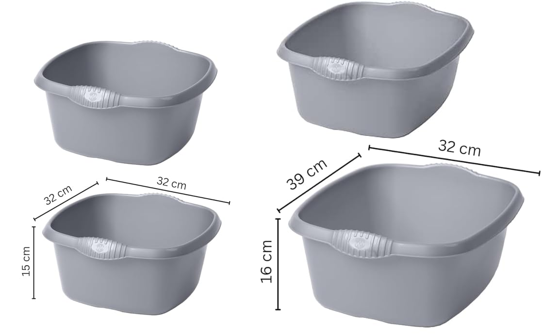 (Set of 2) Silver Plastic Washing Up Bowls – 9L Square (32cm) & 12L Rectangular (39cm) Sink Tidy Organisers – Multipurpose Kitchen Cleaning & Mixing Basins for Home Use