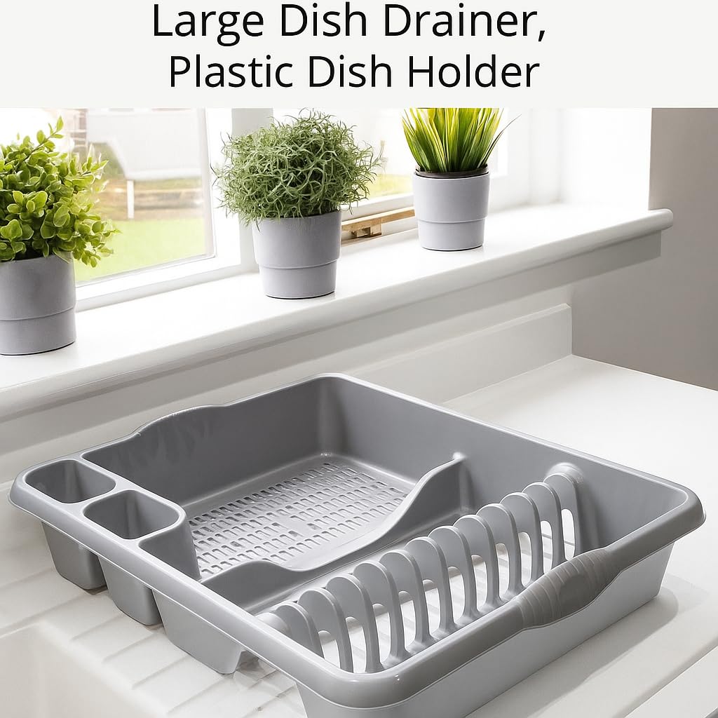 AaH1 Large Dish Drainer – Holds Up to 12 Plates with Dual Cutlery Compartments – Sturdy & Stylish Plastic Dish Rack with Built-In Handles (Pack of 1) (Silver)
