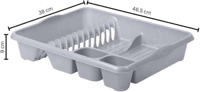 AaH1 Large Dish Drainer – Holds Up to 12 Plates with Dual Cutlery Compartments – Sturdy & Stylish Plastic Dish Rack with Built-In Handles (Pack of 1) (Silver)