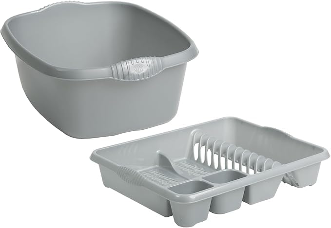 AaH1 Set of Silver 39cm Rectangular Washing up Bowl with Large Dish Drainer Plate Rack Draining Board Tray Stand Sink Holder Kitchen Organiser -Silver