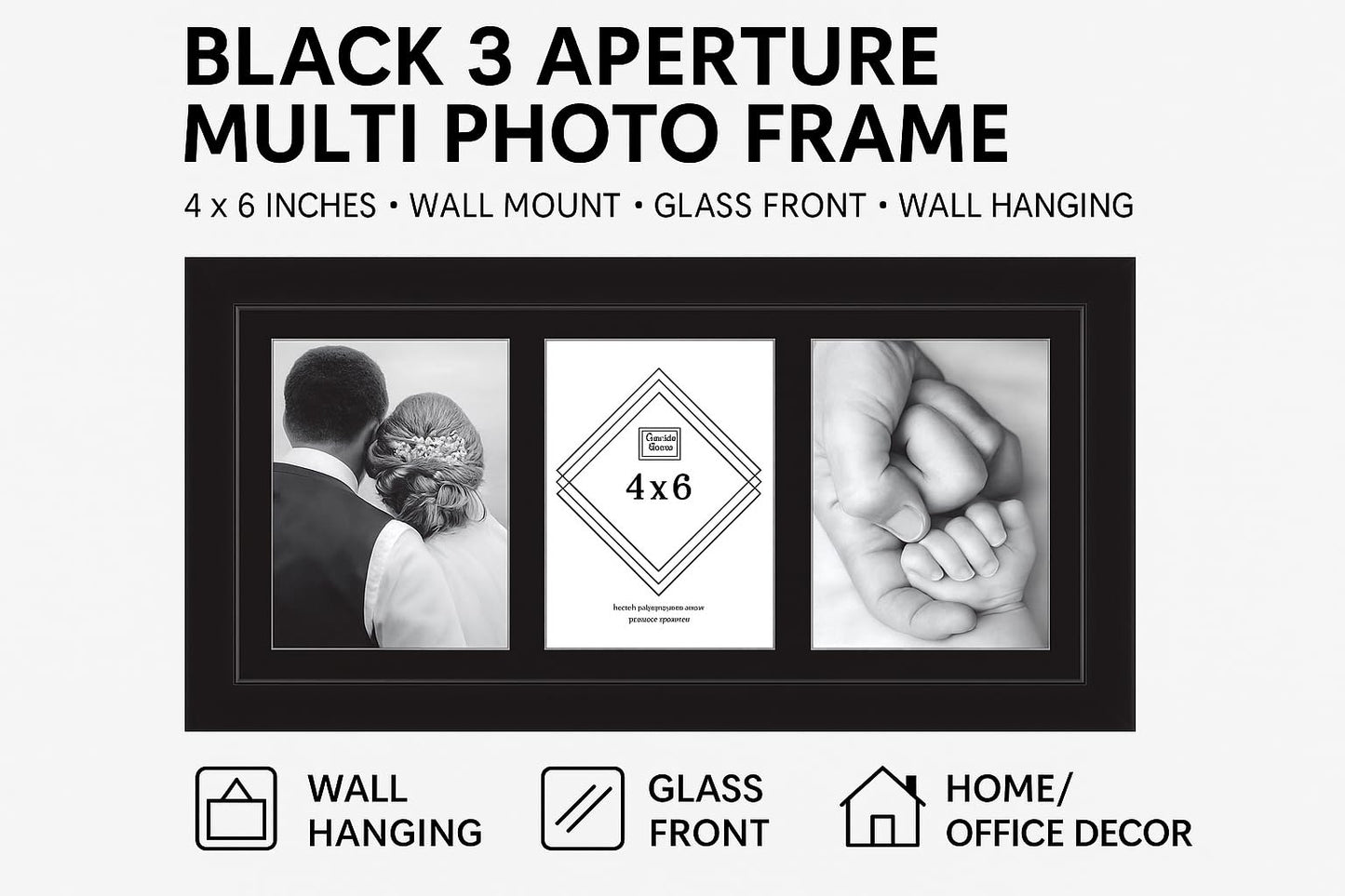 BLACK 3 Aperture,Multi Photo Frame, 4x6 inches, Wall Mount, Glass Front, Collage Frame for Wall Hanging, Home/Office Decor