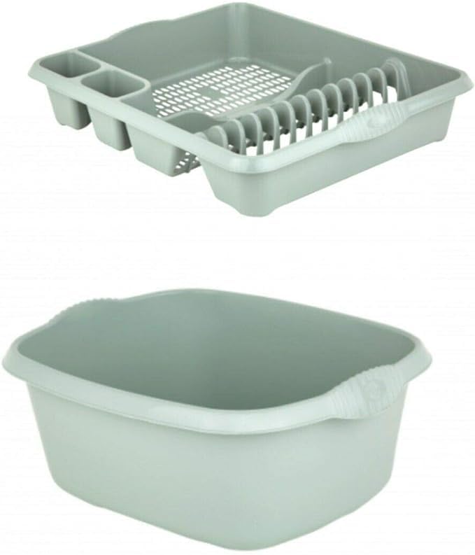 AaH1 Set of 2 Plastic Rectangular Washing Up Bowl with Large Dish Drainer (Silver Sage)