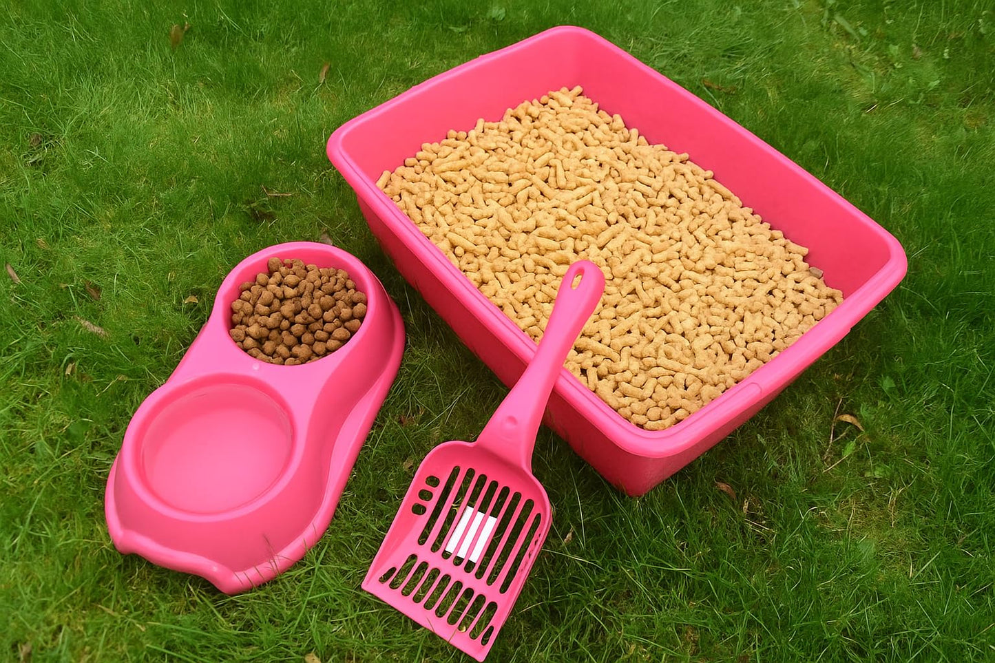 Cat Litter Tray Box – Large Plastic Litter Box with Detachable Rim & Scoop, 46 x 34.5 x 10 cm, Stackable & Easy to Clean, Pink, Set of 3 – For Cats, Kittens, Rabbits & Small Pets