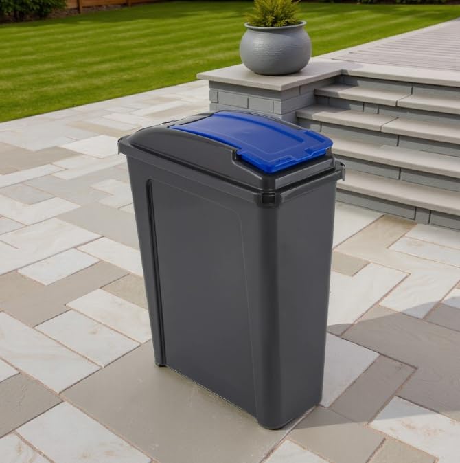 25L slim line Bin & Lid – Durable Plastic Waste Container for Home, Office & School – Easy-Clean Recycling Bin – Pack of 1 (Blue, 25L)