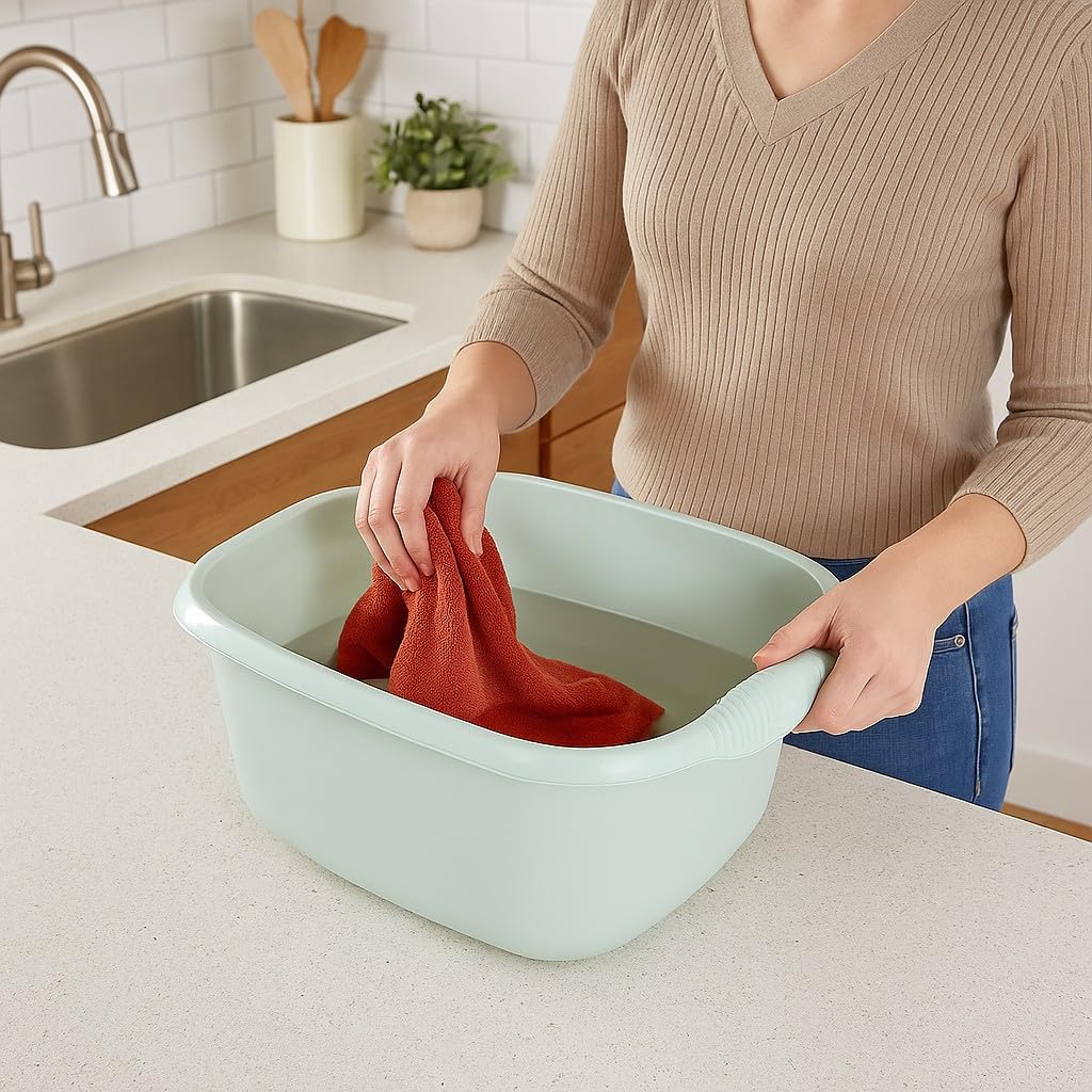 (Pack of 2) Washing Up Bowl Rectangular with integral handles Strong Plastic Kitchen Silver Sage 39 cm