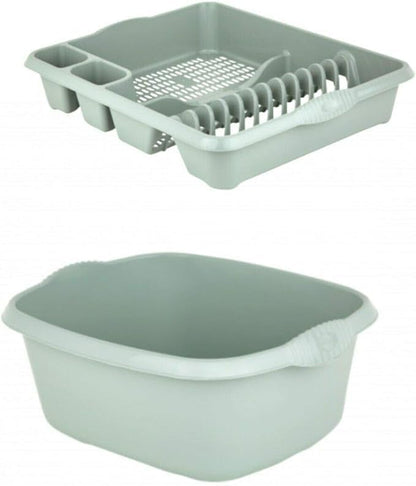 AaH1 Set of Silver Sage Large Dish Drainer Tray Plate Rack Draining Board Stand & 39cm Rectangular Washing Up Bowl Plastic Kitchen Organiser Sink Holder