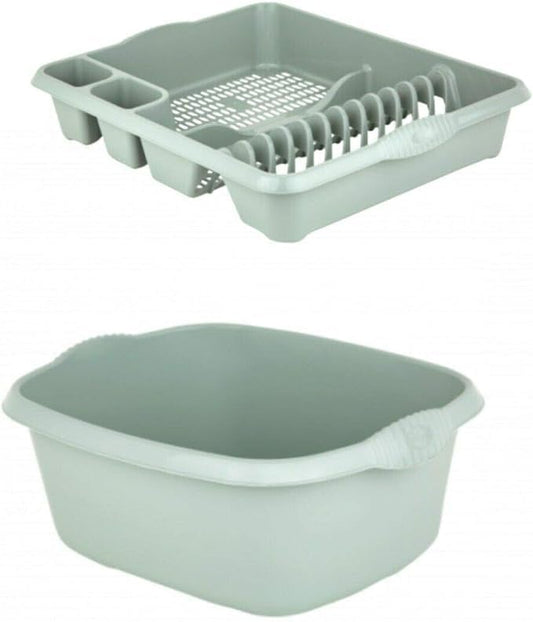 AaH1 Set of Silver Sage Large Dish Drainer Tray Plate Rack Draining Board Stand & 39cm Rectangular Washing Up Bowl Plastic Kitchen Organiser Sink Holder