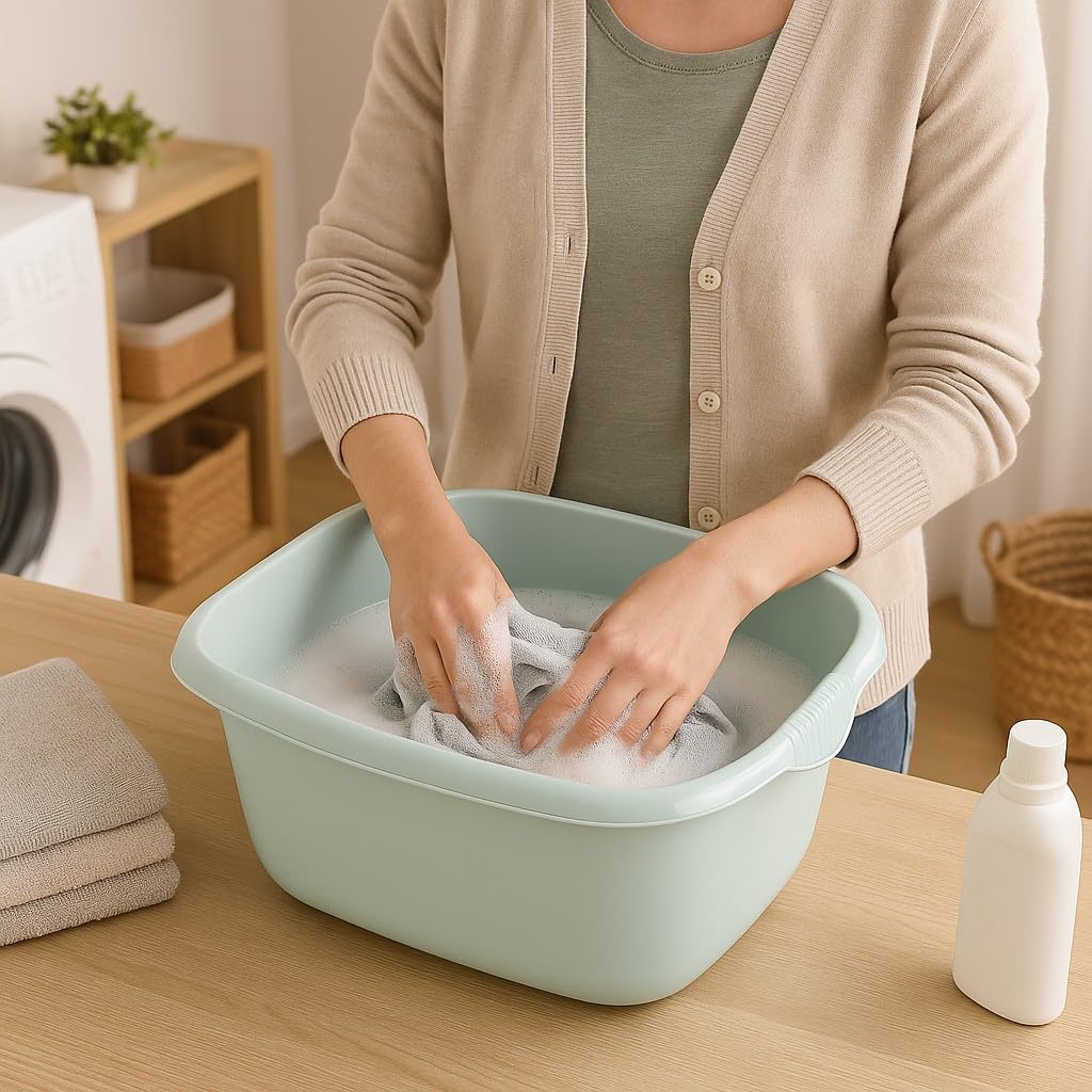 (Pack of 2) Washing Up Bowl Rectangular with integral handles Strong Plastic Kitchen Silver Sage 39 cm