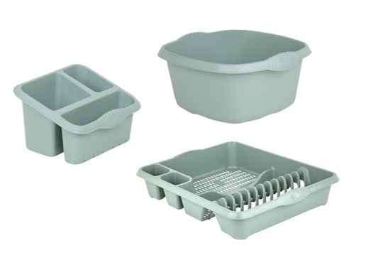 AaH1 (Set of 3) Silver Sage Large Dish Drainer, 32cm Square Washing Up Bowl & Large Kitchen Sink Tidy - Durable & Stylish Kitchen Accessories for Dishwashing & Organization