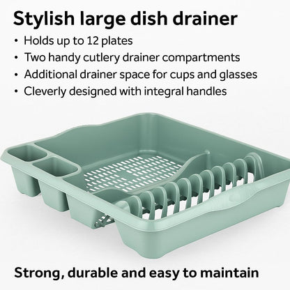 AaH1 Casa Large Dish Drainer, Sage Green, Plastic Dish Holder, Kitchen Accessory