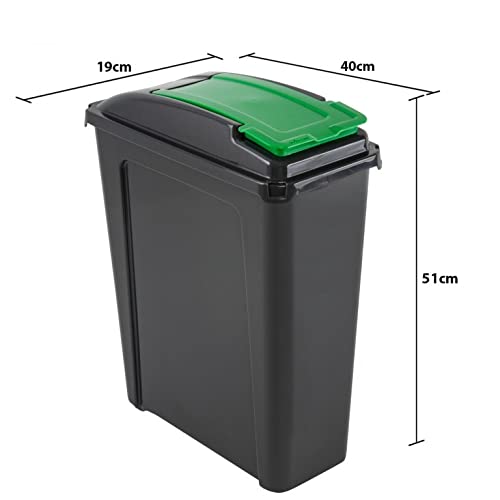 25L Slimline Bin & Lid – Graphite/Gen. Green– Compact Recycling Bin with Color-Coded Lid – Durable Waste Container for Home & Office – Pack of 1