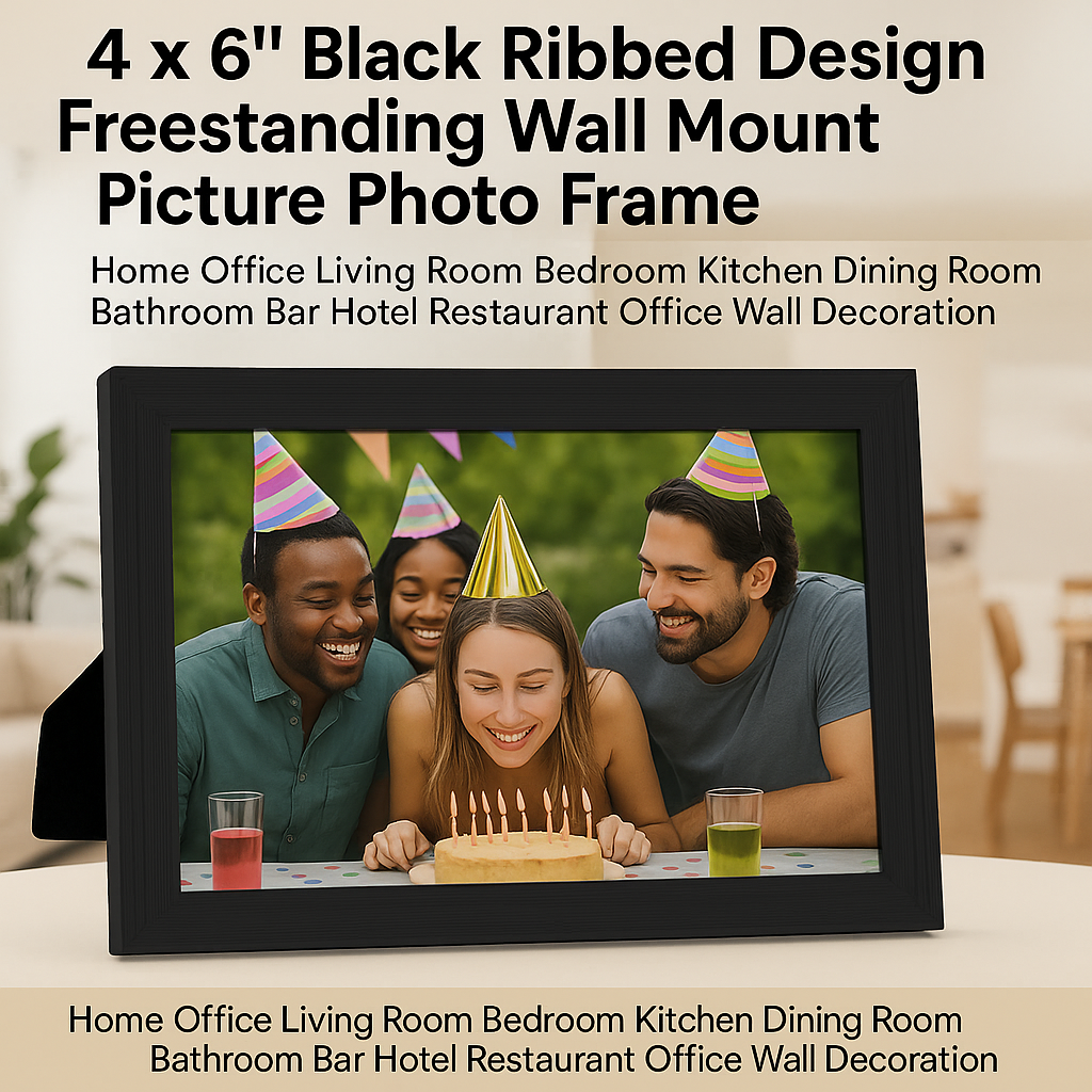 (Set of 3) Black Ribbed Design Freestanding Wall Mount Picture Photo Frame 4 x 6'' Home office living room bedroom kitchen dining room bathroom bar hotel restaurant office wall decoration