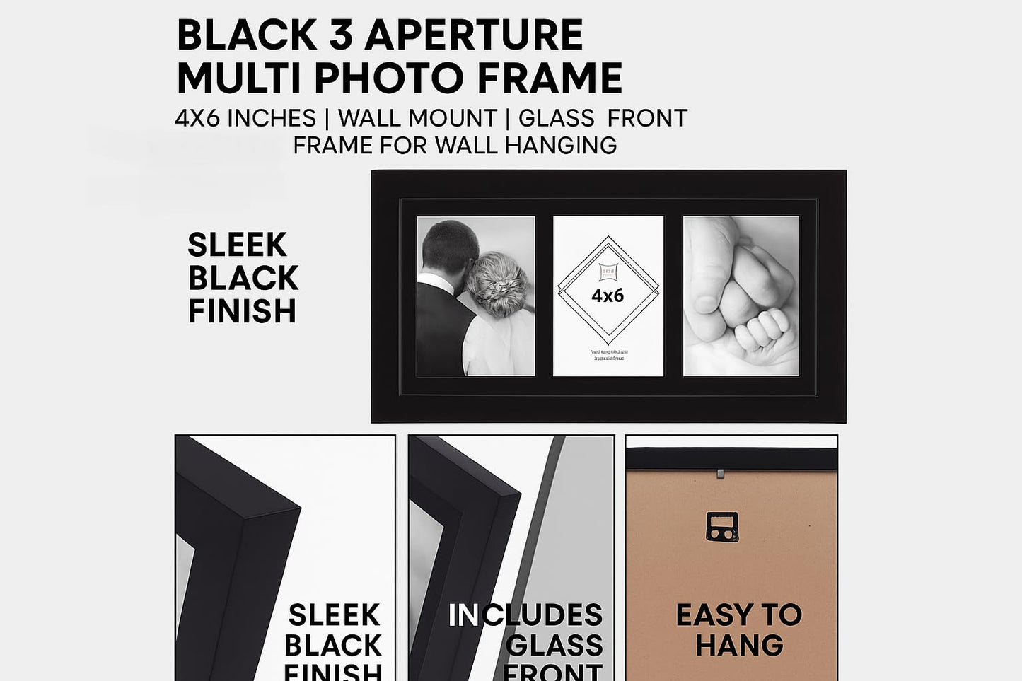 BLACK 3 Aperture,Multi Photo Frame, 4x6 inches, Wall Mount, Glass Front, Collage Frame for Wall Hanging, Home/Office Decor