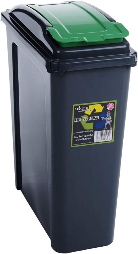 25L Slimline Bin & Lid – Graphite/Gen. Green– Compact Recycling Bin with Color-Coded Lid – Durable Waste Container for Home & Office – Pack of 1