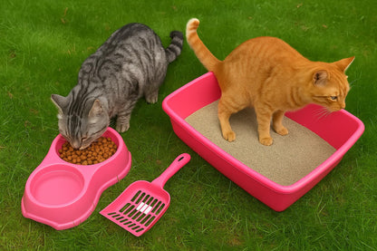 Cat Litter Tray Box – Large Plastic Litter Box with Detachable Rim & Scoop, 46 x 34.5 x 10 cm, Stackable & Easy to Clean, Pink, Set of 3 – For Cats, Kittens, Rabbits & Small Pets