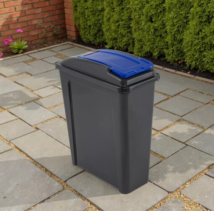 25L slim line Bin & Lid – Durable Plastic Waste Container for Home, Office & School – Easy-Clean Recycling Bin – Pack of 1 (Blue, 25L)