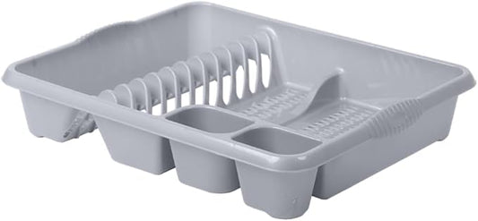 AaH1 Large Dish Drainer – Holds Up to 12 Plates with Dual Cutlery Compartments – Sturdy & Stylish Plastic Dish Rack with Built-In Handles (Pack of 1) (Silver)
