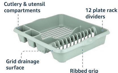 AaH1 Casa Large Dish Drainer, Sage Green, Plastic Dish Holder, Kitchen Accessory