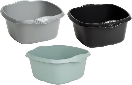 (Set of 3) 9L Square Washing Up Bowls – 32cm Plastic Sink Tidy Organiser – Multipurpose Kitchen Basin for Washing, Cleaning & Mixing – Silver, Silver Sage & Midnight Greyish