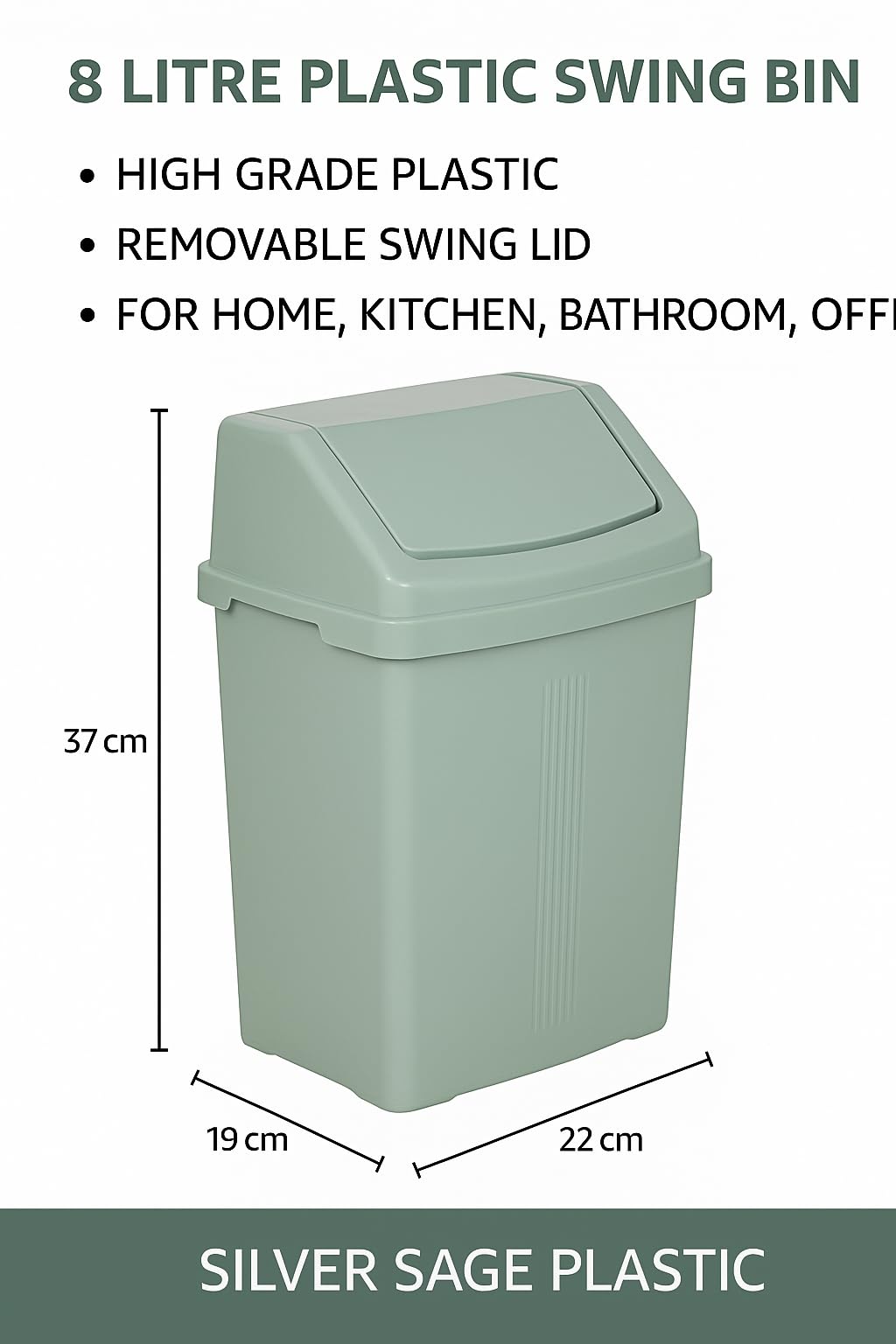 8 Litre Silver Sage Plastic swing bin High Grade Plastic for Waste Recycle Recycling Dustbins With Removable Swing Lid Rubbish Trash Refused Bins Trash Can For Home Kitchen Bathroom Office
