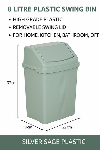 8 Litre Silver Sage Plastic swing bin High Grade Plastic for Waste Recycle Recycling Dustbins With Removable Swing Lid Rubbish Trash Refused Bins Trash Can For Home Kitchen Bathroom Office