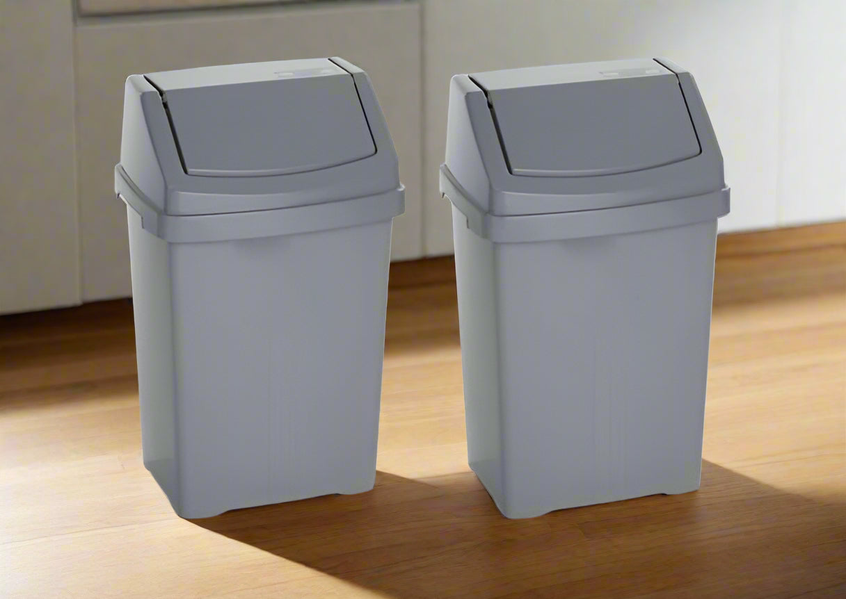 Set of 2 Swing Bins – Under Kitchen Cabinet Dust Bin, Food Grade Plastic Swing Top Waste Rubbish & Compost Bin (8 Litre) – Silver, Made in UK