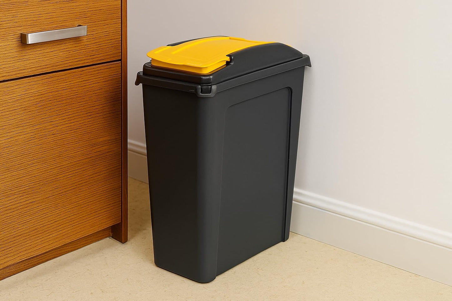 25L Slimline Bin & Lid – Graphite/Gen. Yellow – Compact Recycling Bin with Color-Coded Lid – Durable Waste Container for Home & Office – Pack of 1