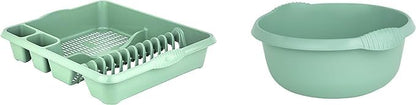 AaH1 Set of 2 Plastic Kitchen Large Dish Drainer with 32cm Round Washing Up Bowl (Silver Sage)