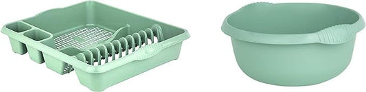 AaH1 Set of 2 Plastic Kitchen Large Dish Drainer with 32cm Round Washing Up Bowl (Silver Sage)