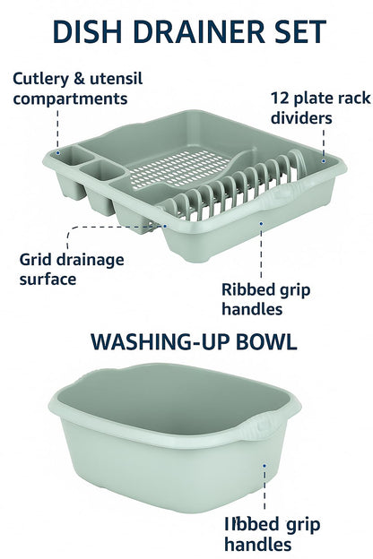 AaH1 Set of Silver Sage Large Dish Drainer Tray Plate Rack Draining Board Stand & 39cm Rectangular Washing Up Bowl Plastic Kitchen Organiser Sink Holder