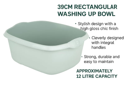 (Pack of 2) Washing Up Bowl Rectangular with integral handles Strong Plastic Kitchen Silver Sage 39 cm