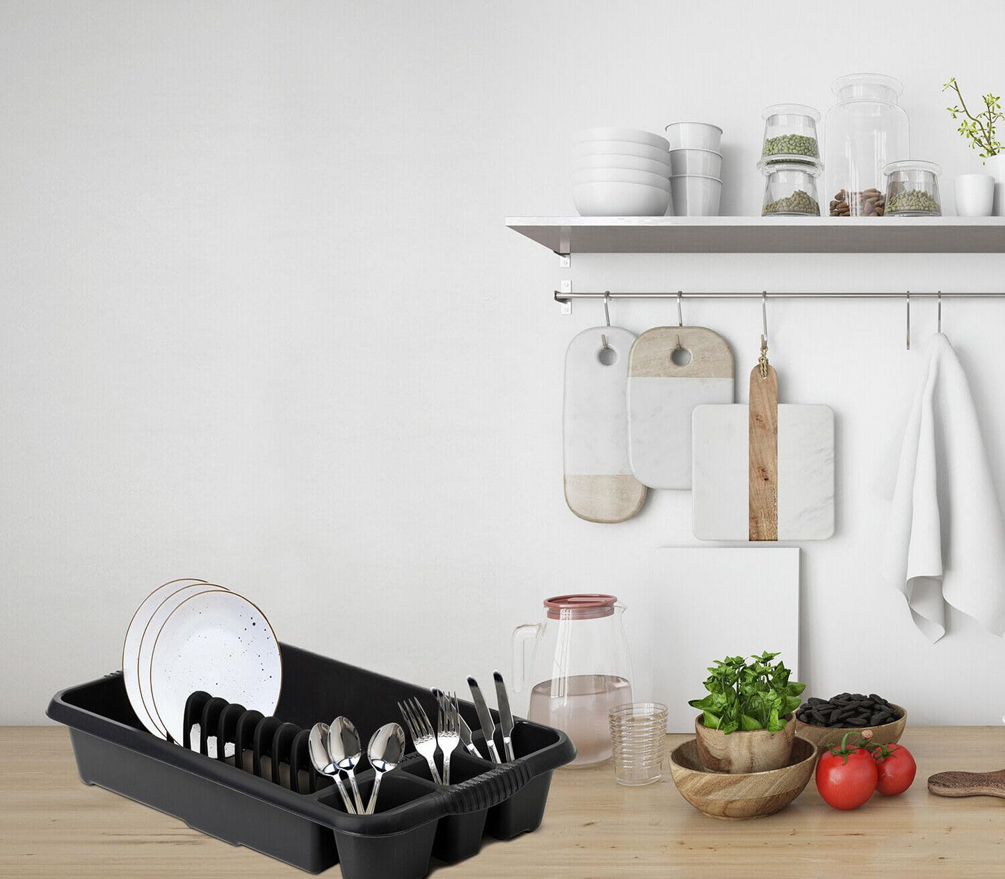 AaH1 Medium Dish Drainer – Compact & Stylish – High-Gloss Plastic with Integrated Cutlery Holders & Handles – Efficient Kitchen Drying Rack, Midnight (Pack of 1)