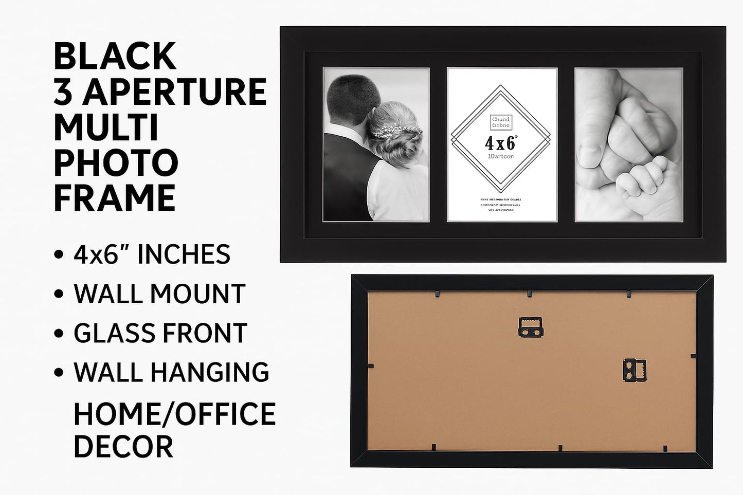 BLACK 3 Aperture,Multi Photo Frame, 4x6 inches, Wall Mount, Glass Front, Collage Frame for Wall Hanging, Home/Office Decor