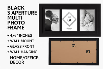 BLACK 3 Aperture,Multi Photo Frame, 4x6 inches, Wall Mount, Glass Front, Collage Frame for Wall Hanging, Home/Office Decor